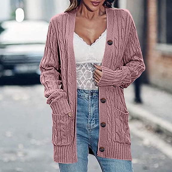 Women Casual Knitted Cardigan Tops Fall Winter Long Sleeve Button down Open Front Sweater Coats with Pocket New Fall Cardigan Sweater Pinky L