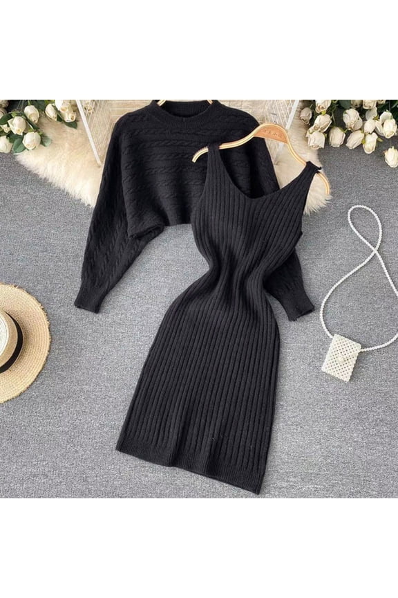 Women Casual Knitted Dress Two Piece Suit Pullover Top And Dress Bodycon 2 Piece Set Midi Dress Knitted Dress Set Neckline Dress Womens Sequin Suit Sequin Gown plus Size Dress Long Summer Women