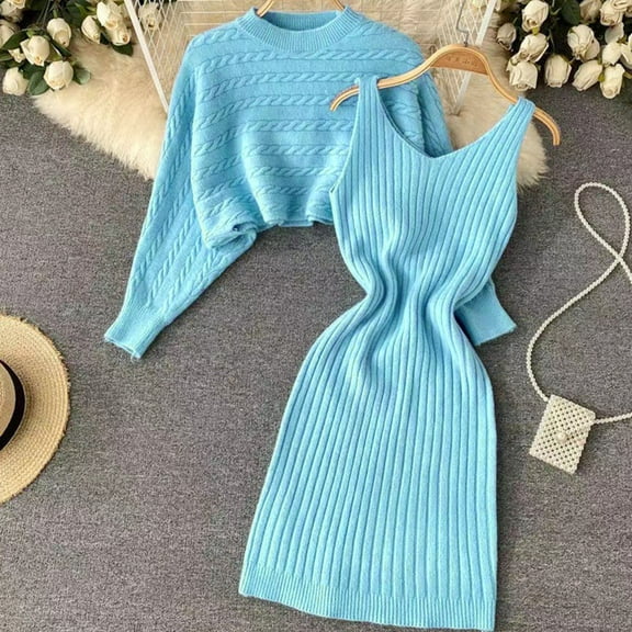 Women Casual Knitted Dress Two Piece Suit Pullover Top And Dress Bodycon 2 Piece Set Midi Dress Knitted Dress Set Woman Dress Women Jacket Dress Set Evening Gown plus Size Women plus Size Maxi Dresses