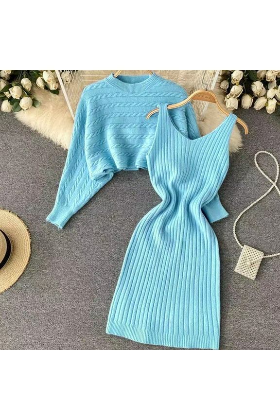 Women Casual Knitted Dress Two Piece Suit Pullover Top And Dress Bodycon 2 Piece Set Midi Dress Knitted Dress Set Woman Dress Women Jacket Dress Set Evening Gown plus Size Women plus Size Maxi Dresses