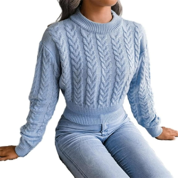 Women Casual Knitted Pullover Sweaters Sexy Mock Neck Long Sleeve Cable Knit Crop Sweater Trendy Casual Fall Jumper