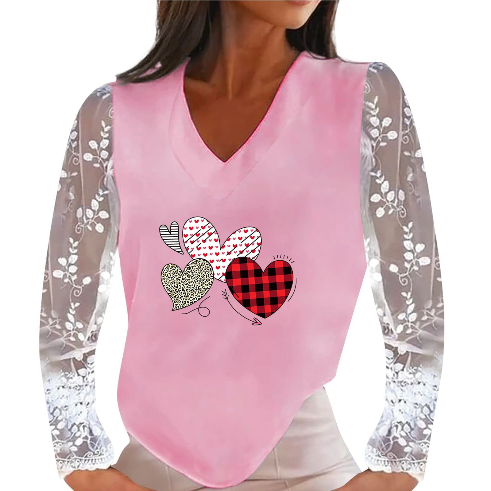 Women Casual Lace Long Sleeve Patchwork V-Neck Pullover Heart Print T-shirt Tops Plus Size Blouses Shirt Dressy for Fall
