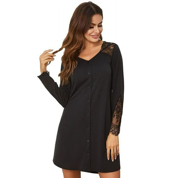 Women Casual Lace Stitching Long Sleeve Plus Size Pajamas Nightdress