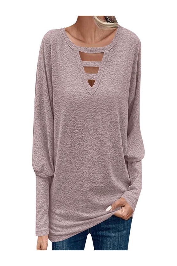 Women Casual Lantern Sleeve Blouse V-Neck Pullover Solid Color Tunic