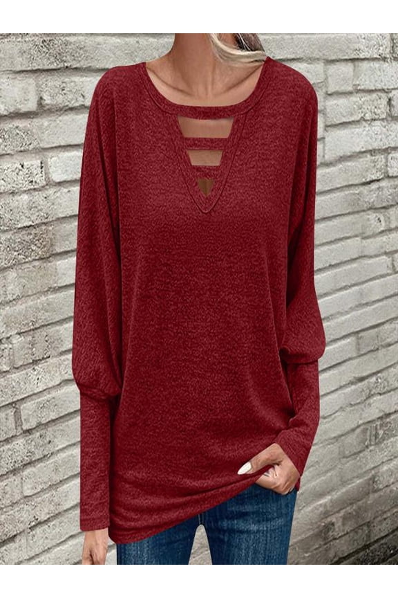 Women Casual Lantern Sleeve Blouse V-Neck Pullover Solid Color Tunic