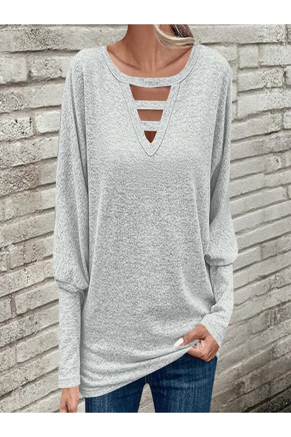 Women Casual Lantern Sleeve Blouse V-Neck Pullover Solid Color Tunic