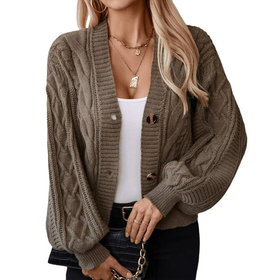 Women Casual Lantern Sleeve Chunky Cable Knit Button Down Sweater Shawl Collar Open Front Cardigan Camel Color XL