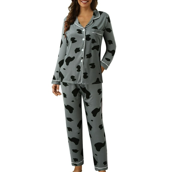XINC under $10 Pajama Set for Women Women Casual Lapel Button Peach Plaid Print Two Piece Long Sleeve Pajamas Pajamas Suit Summer Robe for WomenGrey L