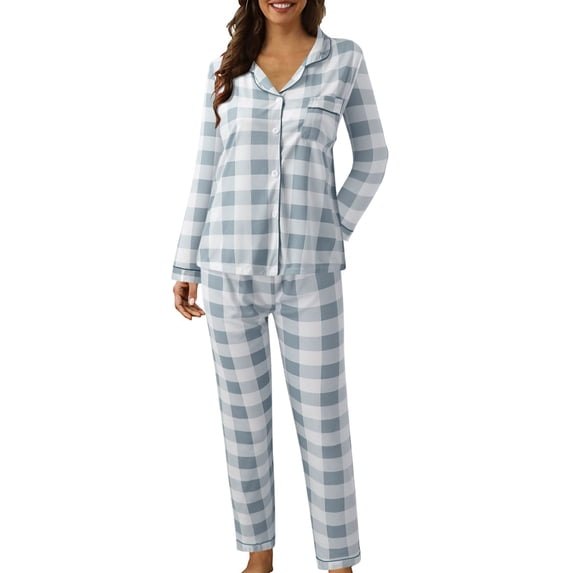 Women Casual Lapel Button Plaid Print Two Piece Long Sleeve Pajamas Pajamas Suit