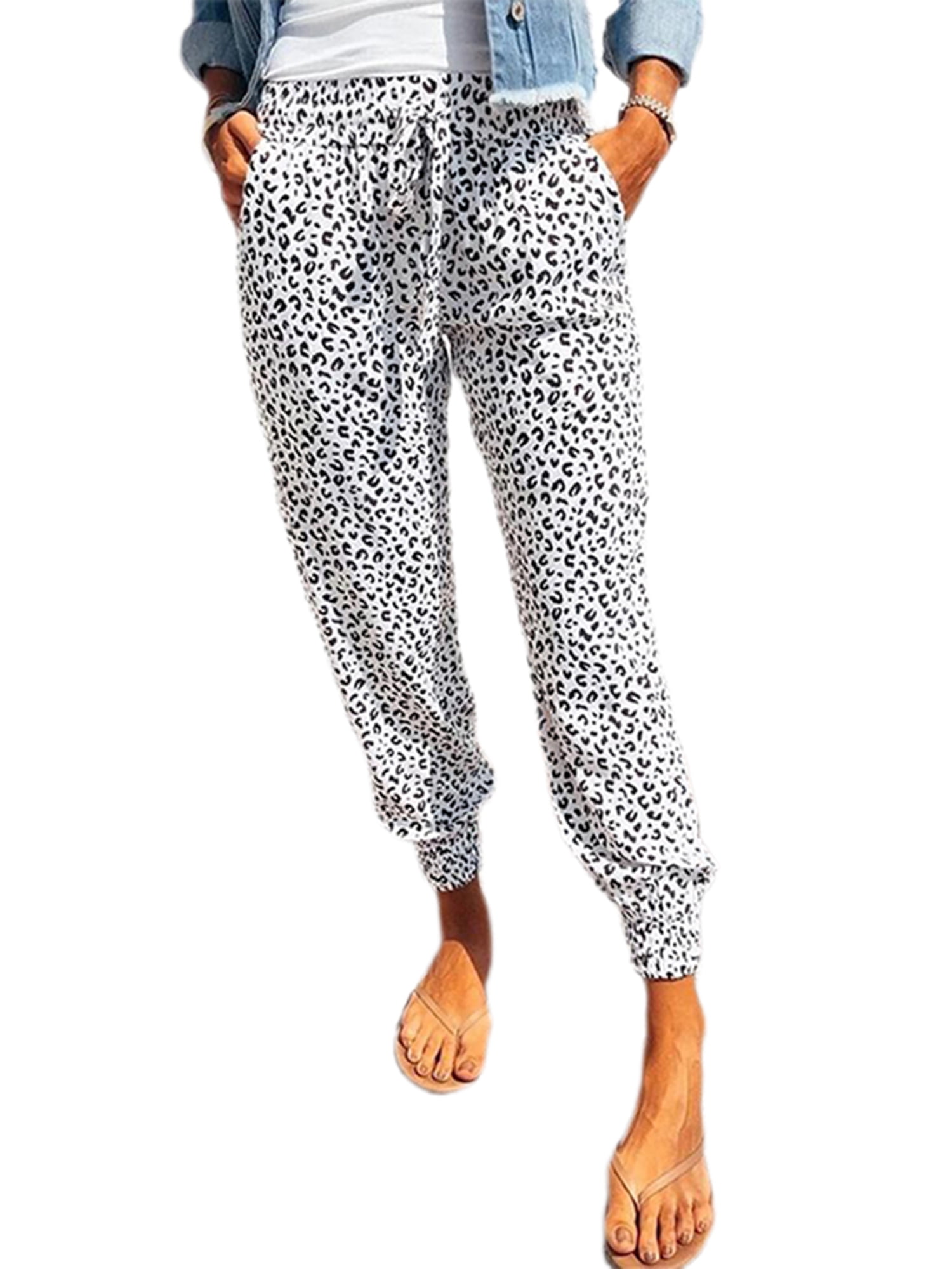 Women Casual Leopard Print Jogger Pants Drawstring Elastic Waist with Pockets  Sports Sweatpants 