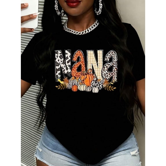 Women Casual Leopard Print Nana Text Pumpkin Graphic Tee Autumn Thanksgiving Top