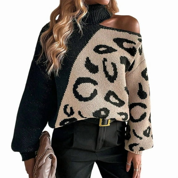 Women Casual Leopard Print Off Shoulder Turtle Neck Knit Pullover Loose Fit Long Sleeve Jumper Sweaters Tops Black S
