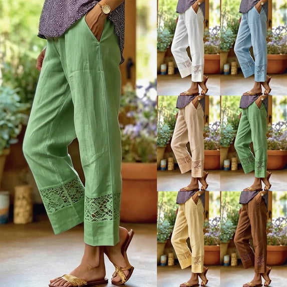 Women Casual Lightweight Elastic Waist Pants with Pockets Cotton Linen Cropped Pants Loose Solid Color Trousers by Yigetop Light green 3XL