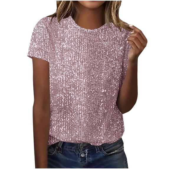 Sequin Tops for Women Sparkly Glitter Crew Neck Short Sleeve Tees Shirts Summer Casual Loose Pullover T-Shirt