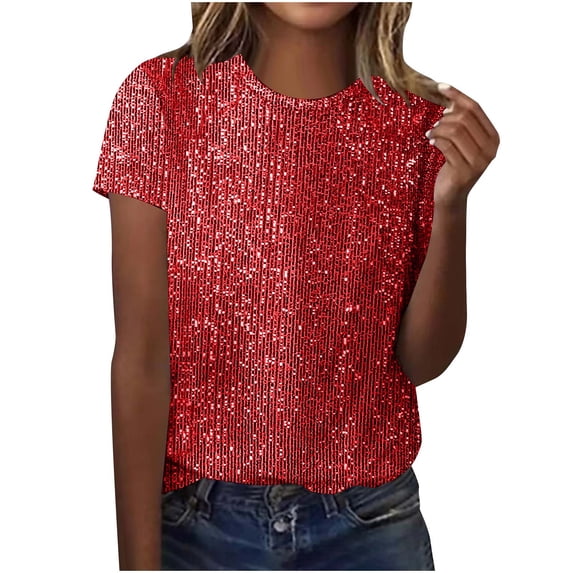 Sequin Tops for Women Sparkly Glitter Crew Neck Short Sleeve Tees Shirts Summer Casual Loose Pullover T-Shirt