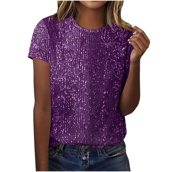 Sequin Tops for Women Sparkly Glitter Crew Neck Short Sleeve Tees Shirts Summer Casual Loose Pullover T-Shirt