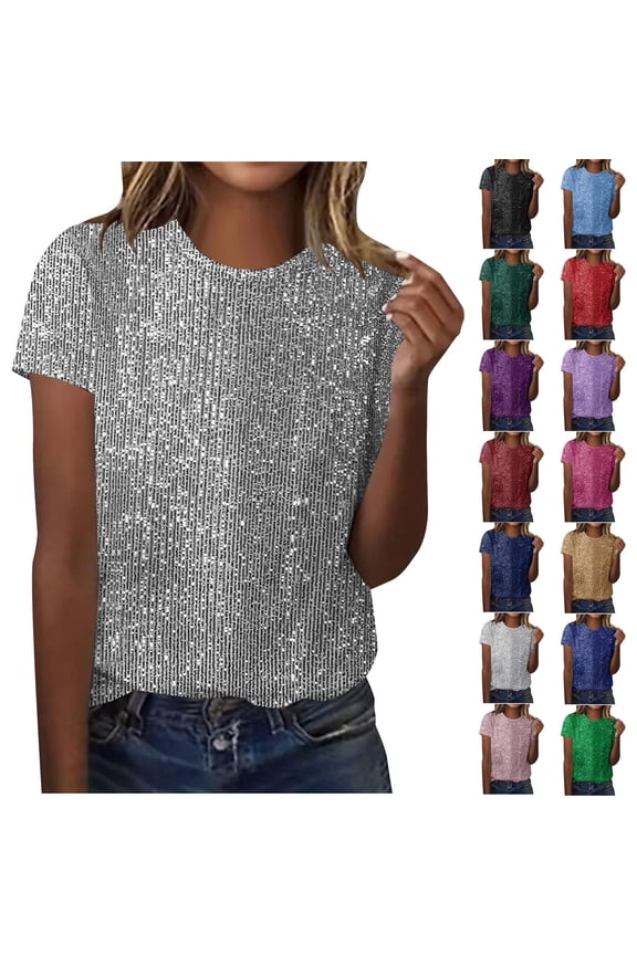 Sequin Tops for Women Sparkly Glitter Crew Neck Short Sleeve Tees Shirts Summer Casual Loose Pullover T-Shirt