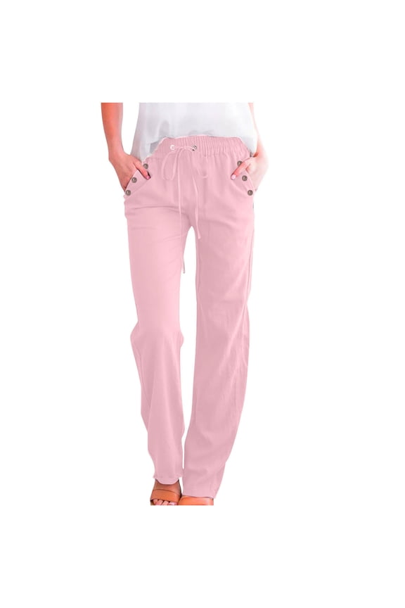 Women Casual Linen High Waist Pants Drawstring Elastic Waisted Trousers with Pockets Lounge Fashion Vacation Clothing