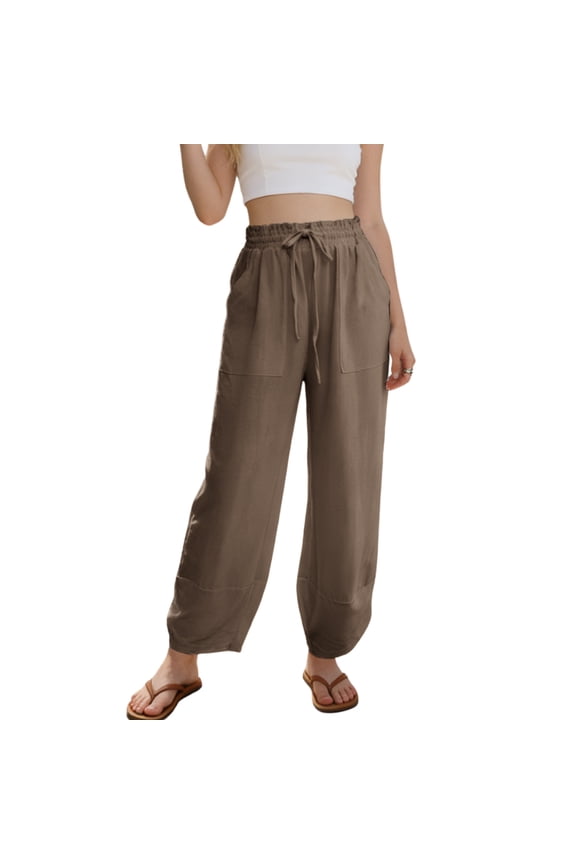 Women Casual Linen Palazzo Pants Boho Wide Leg Elastic Waist Capri Pant Summer Barrel Harem Trousers