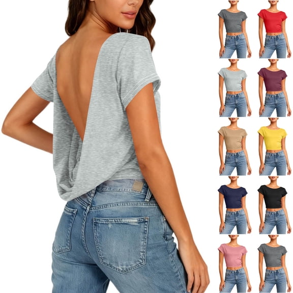 Crop Tees for Women Backless Crew Neck Short Sleeve Crop Tops Female Solid Color Pullover Cropped T-Shirt