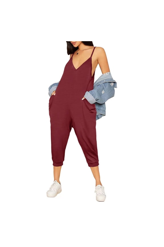 Women Casual Long Romper Summer Spaghetti Strap Harem Capris Jumpsuit with Pocket Loose Plunge Racerback Workout Overalls, Red, XL