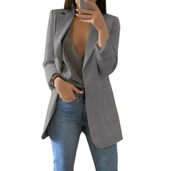 Women Casual Long Sleeve Blazer Open Front Lapel Work Office Jacket Suit,Cardigan Jacket Blazer for Petite Women Teen Girls with Pockets, Business Casual Boyfriend Blazer XS-XL Gray