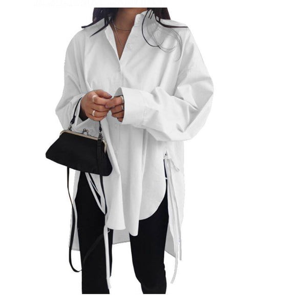 Women Casual Long Sleeve Button Down Shirt Side Slit Tunic Blouse Tops