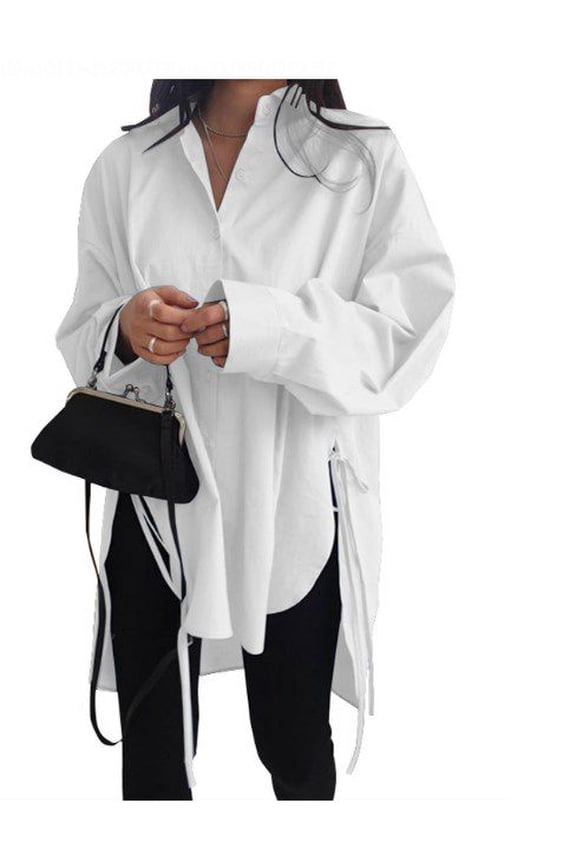 Women Casual Long Sleeve Button Down Shirt Side Slit Tunic Blouse Tops