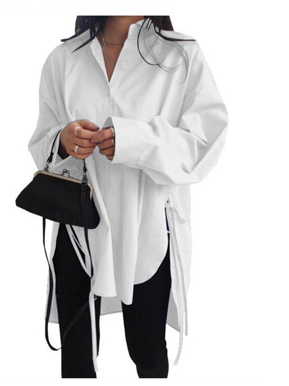 Women Casual Long Sleeve Button Down Shirt Side Slit Tunic Blouse Tops