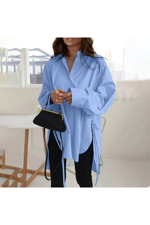 Women Casual Long Sleeve Button Down Shirt Side Slit Tunic Blouse Tops