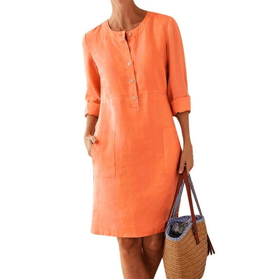 Women Casual Long Sleeve Buttons Pockets Cotton Linen Loose Knee-length Dress