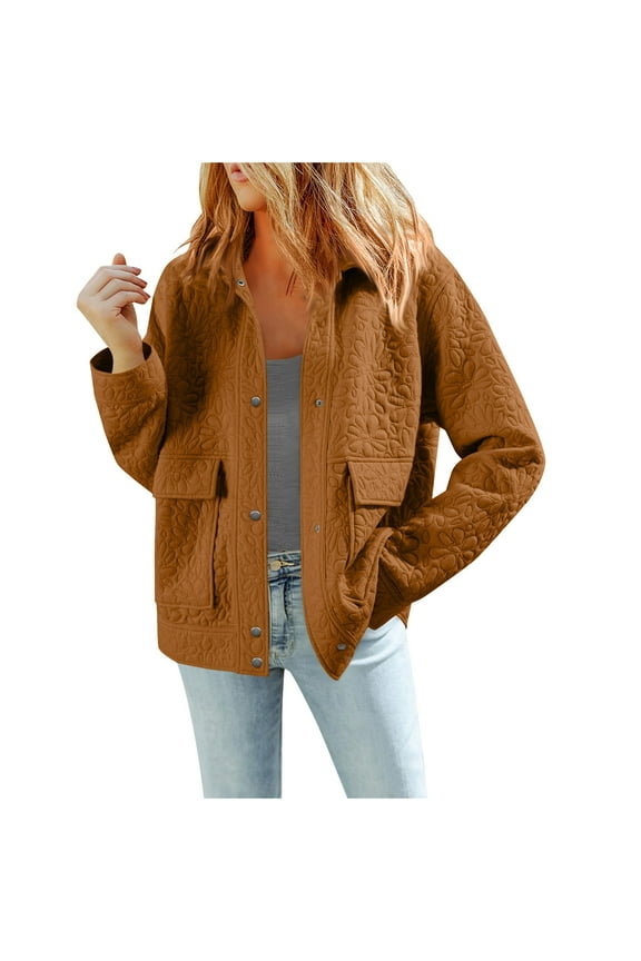 Women Casual Long Sleeve Collared Jacquard Coats Button Down Solid Jacket with Pockets