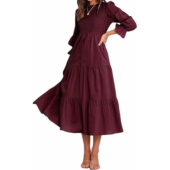 SOMER Womens Dress Long Sleeve Crew Neck High Waist Flowy Tiered Swing Long Dresses 2025 Fall Casual Fashion Wine Red