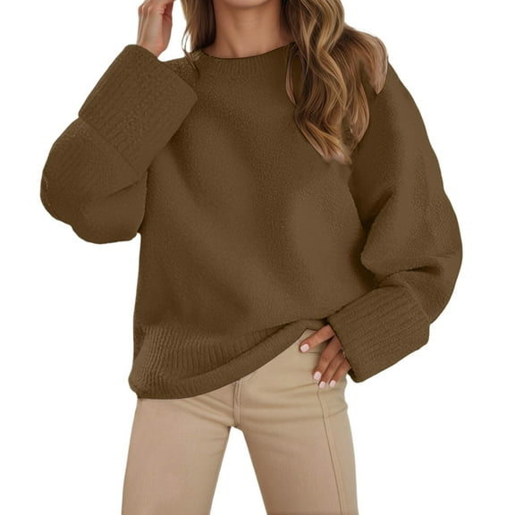 Women Casual Long Sleeve Crew Neck Pullover Sweaters Oversized Loose Women Coffee Sweater Soft Sweater for Women