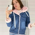 thumbnail image 1 of Women Casual Long Sleeve Fleece Denim Ladies Jacket Hooded Hasp Jeans Coat with Plush Lining, in Pink, Size M, 1 of 4