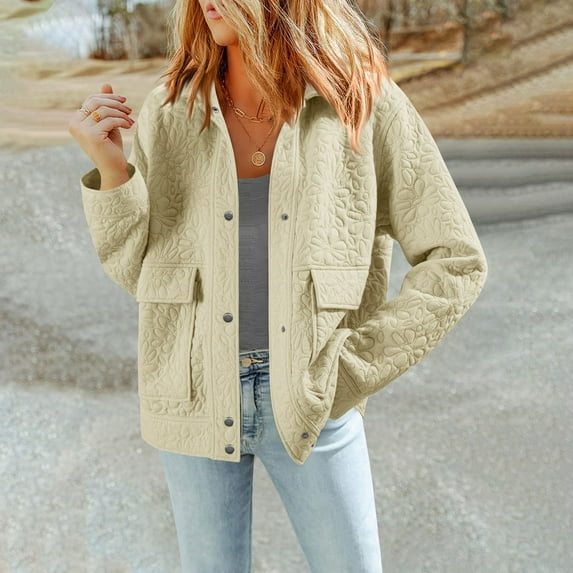 Women Casual Long Sleeve Jackets Collared Texture Cute Coats Trendy Button Snap Fall Jacket with Pockets Beige L