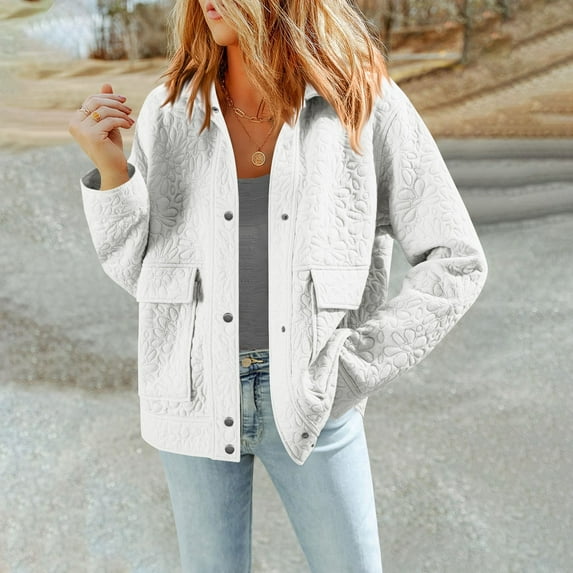 Women Casual Long Sleeve Jackets Collared Texture Cute Coats Trendy Button Snap Fall Jacket with Pockets White M