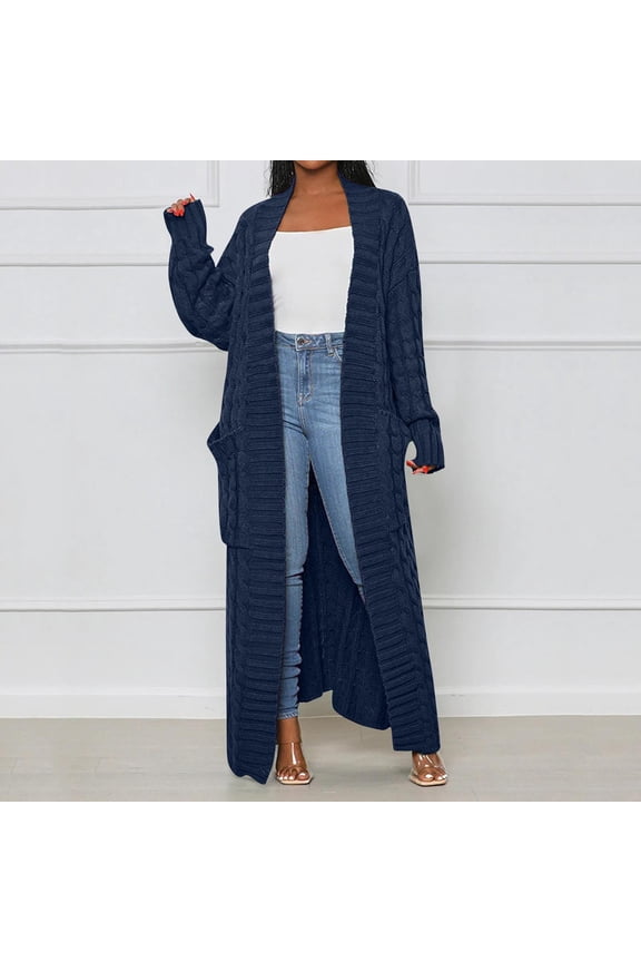 Women Casual Long Sleeve Knitted Open Front Fashion Loose Elegant Warm Sweater Pocket Long Sleeves Coat Two Pocket Jacket Lady Zip Jacket Womens Wool Dress Coats Winter Knit Long Cardigan Long Jacket