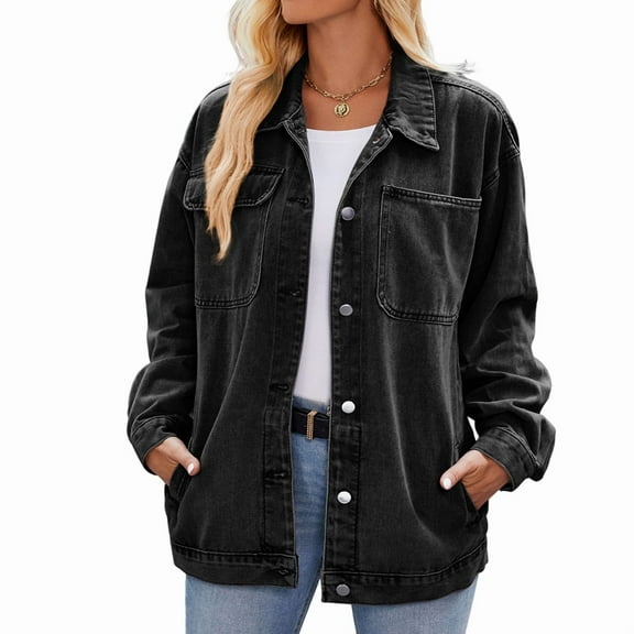 Women Casual Long Sleeve Lapel Button Outerwear Loose Boyfriend Style Jacket Fashion Denim Jacket Black & Grey M