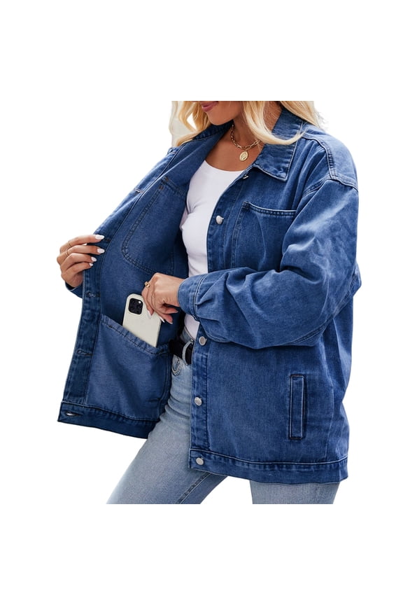 Women Casual Long Sleeve Lapel Button Outerwear Loose Boyfriend Style Jacket Fashion Denim Jacket Dark Blue M