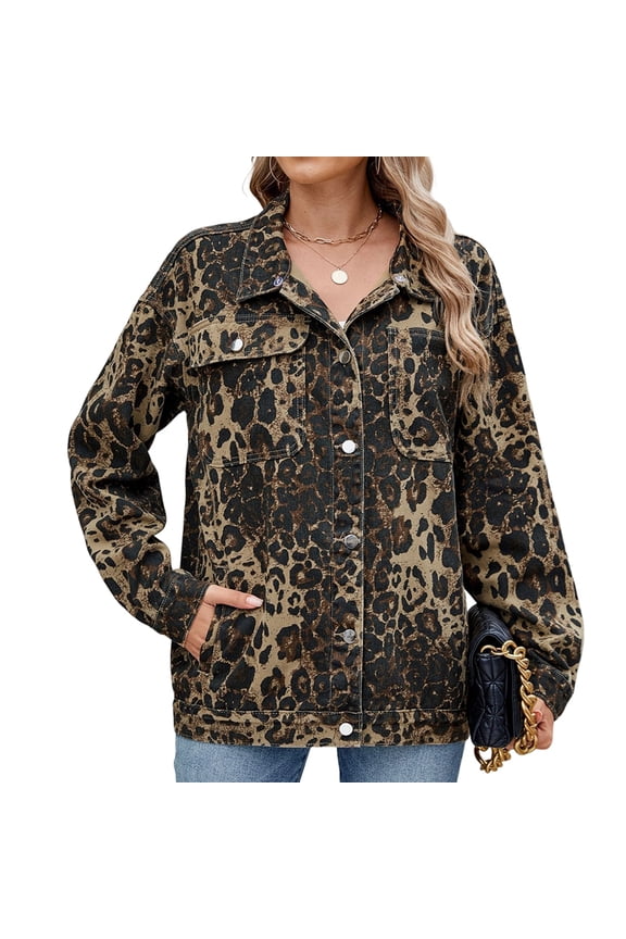 Women Casual Long Sleeve Lapel Button Outerwear Loose Boyfriend Style Jacket Fashion Denim Jacket Leopard Print S