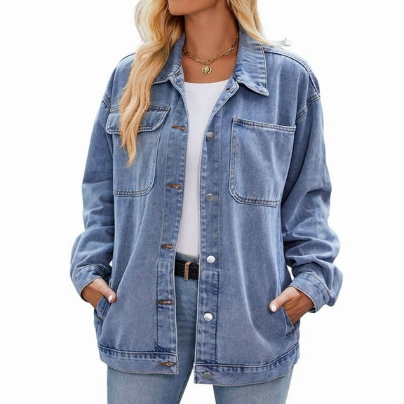 Women Casual Long Sleeve Lapel Button Outerwear Loose Boyfriend Style Jacket Fashion Denim Jacket Light Blue S