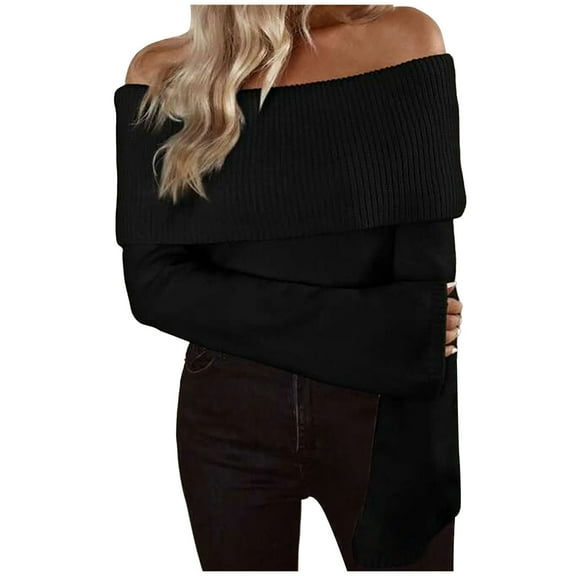 Women Casual Long Sleeve Off Shoulder Sweaters Pullover Fitted Black Womens Sweater Warm Winter Clothes Women