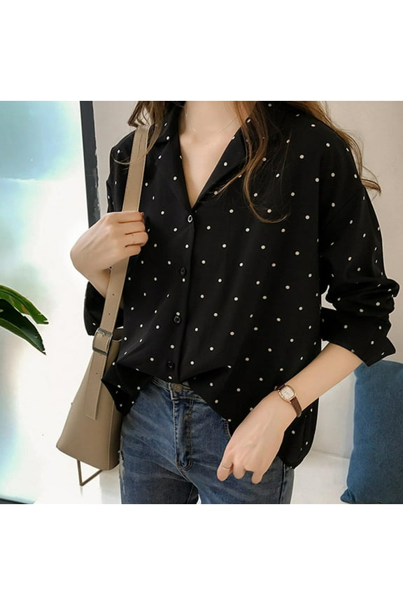 Women Casual Long Sleeve Polka Dot Turn-Down Collar Casual Tops Button Shirts