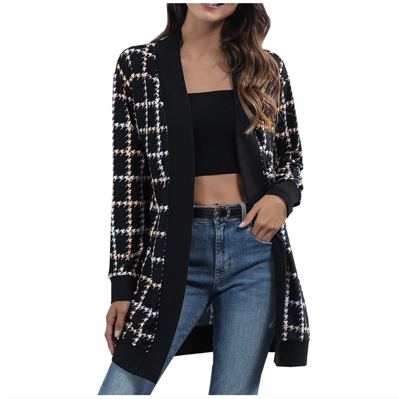 Women Casual Long Sleeve Print Splicing Open Stitch Coat Cardigans Long Outwear Top Casual Cardigan Coat Lightweight for Fall Winter