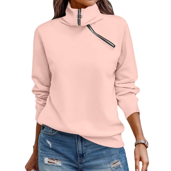 Women Casual Long Sleeve Pullover Top Asymmetric Zipper Turtleneck Loose Fit Solid Color Soft Warm Daily Wear Fashion Ladies Sweatshirt Pink S