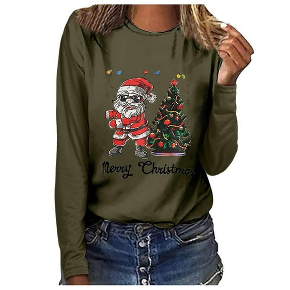 Women Casual Long Sleeve Shirt Fashion 2025 Merry Christmas Letter Santa Cute Fall Winter Tops Comfy Xmas Tree Tees