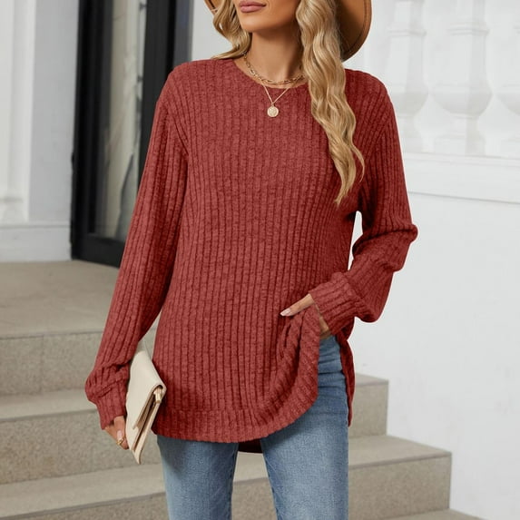 Women Casual Long Sleeve Shirt Loose Fit Crew Neck Tunic Tops 2024 Fall Ribbed Pullover Shirts Solid Color Split Hem Blouses