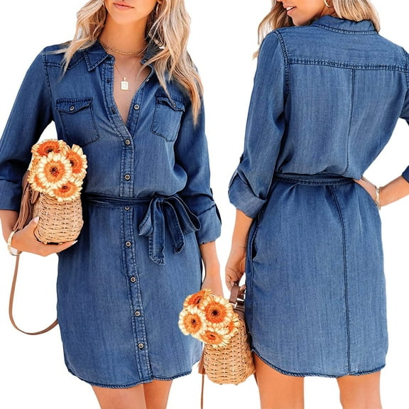 Women Casual Long Sleeve Short Denim Dress Solid Color Button-Down Lapel Shirt Dress with Belt Mini Jean Dress