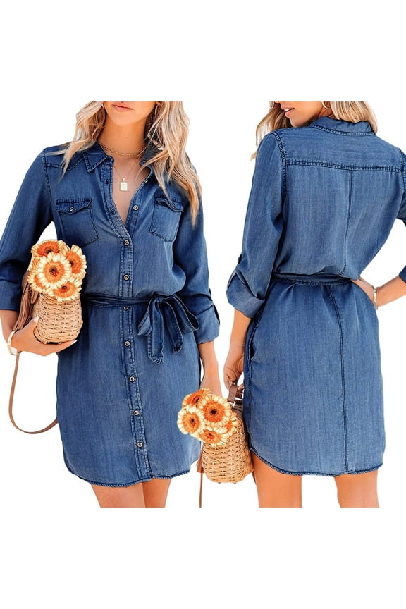 Women Casual Long Sleeve Short Denim Dress Solid Color Button-Down Lapel Shirt Dress with Belt Mini Jean Dress